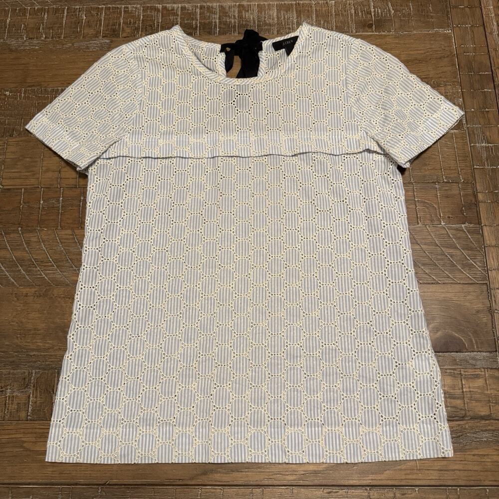 J CREW Eyelet Lace SS Pullover Blouse Striped Women's Size 0 Career Event Office